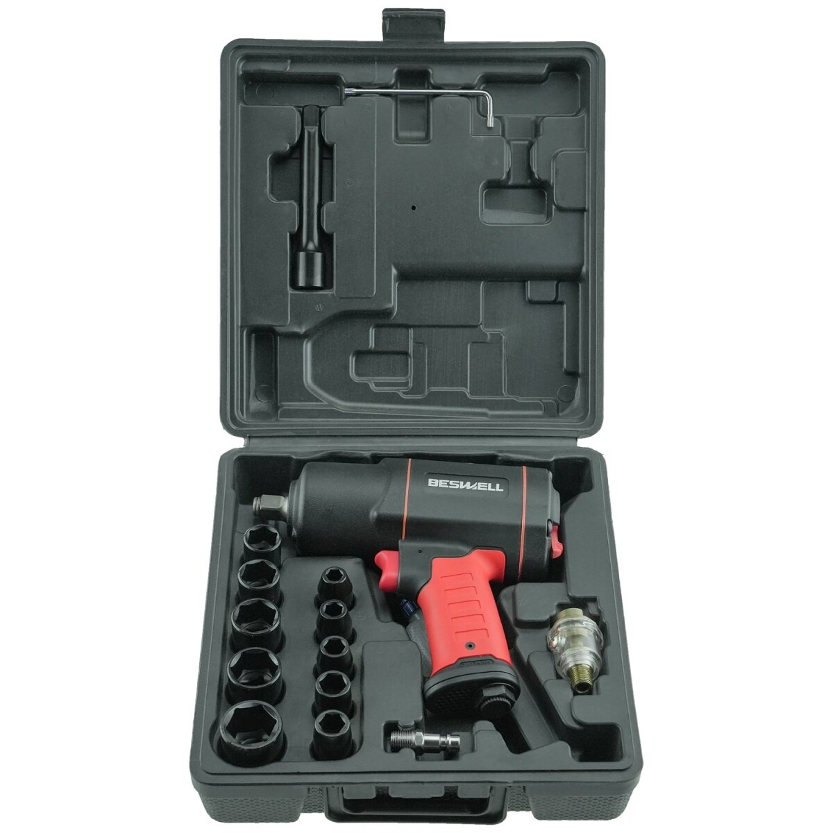 Pneumatinio smūginio veržliarakčio komplektas Beswell AKP-02 | TWIN HAMMER | 1/2" | 2230NM | 17VNT.