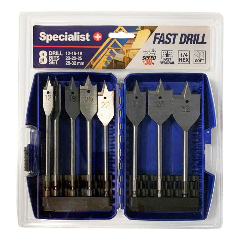 Plunksninių medžio grąžtų rinkinys SPECIALIST+, 12-32 mm, HEX kotelio tvirtinimas, 8 vnt.