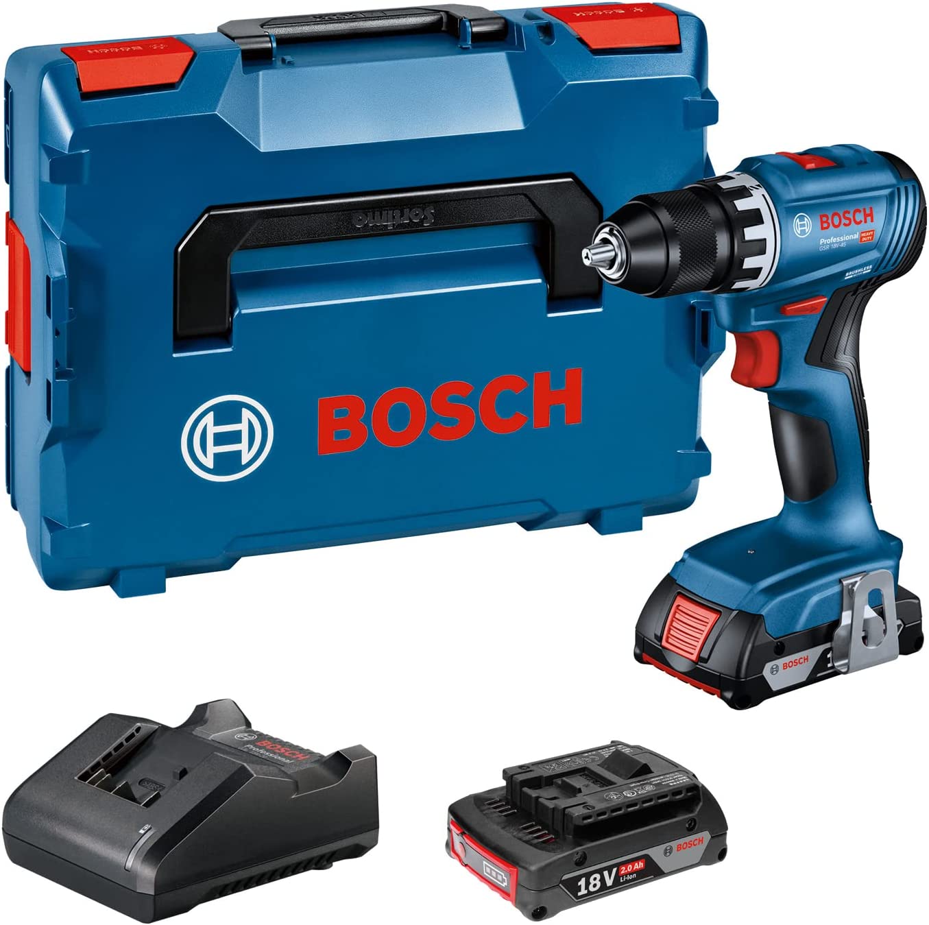 Akumuliatorinis suktuvas-gręžtuvas BOSCH PRO GSR 18V-45, 18 V, (2x Li-Ion 2.0Ah, L-BOXX)
