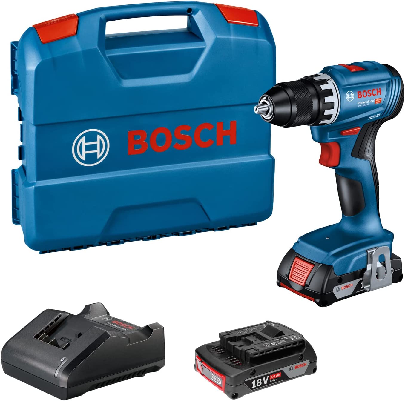 Akumuliatorinis suktuvas-gręžtuvas BOSCH PRO GSR 18V-45, 18 V, (2x Li-Ion 2.0Ah, L-Case)