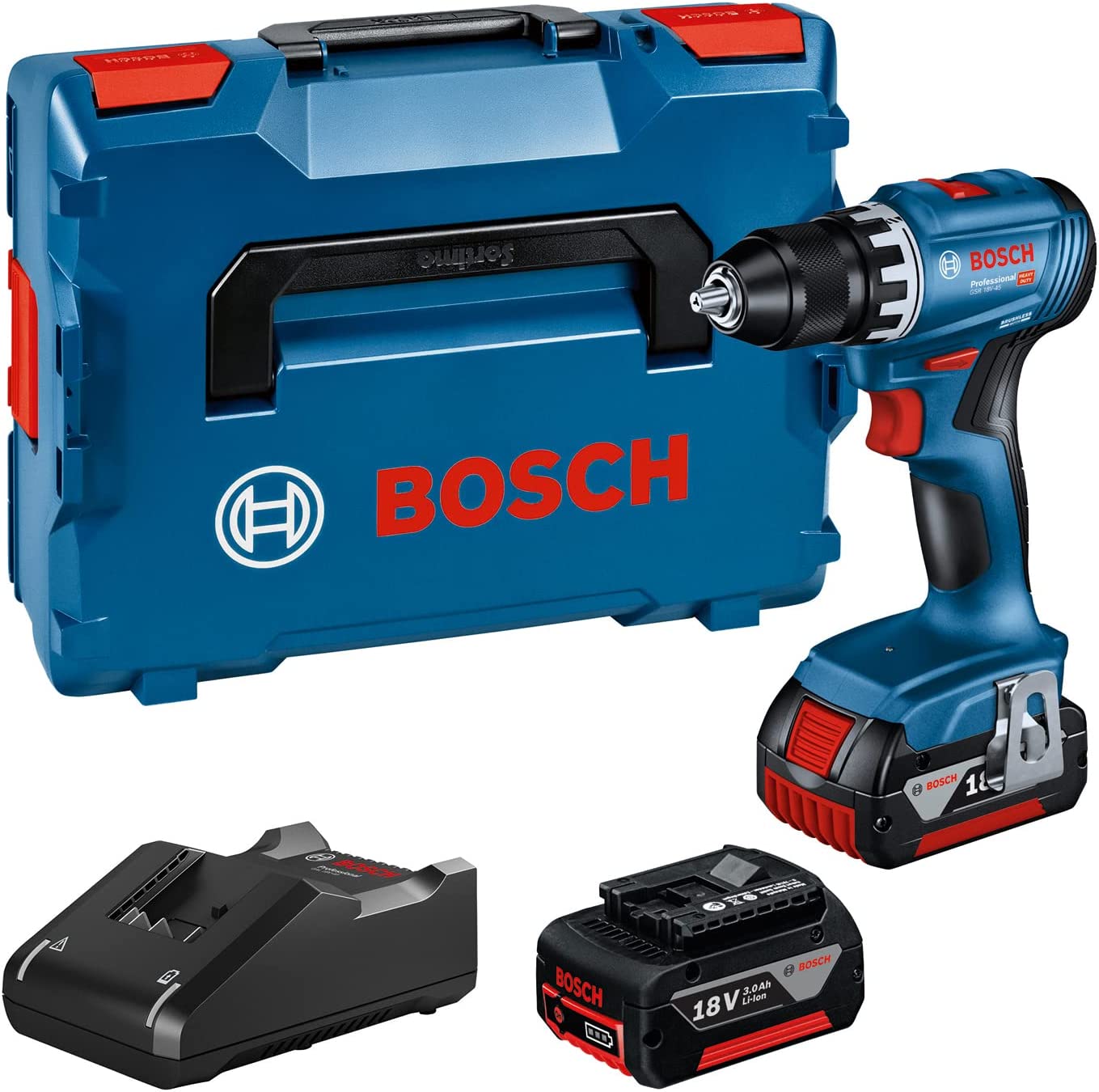 Akumuliatorinis suktuvas-gręžtuvas BOSCH PRO GSR 18V-45, 18 V, (2x Li-Ion 3.0Ah, L-BOXX)