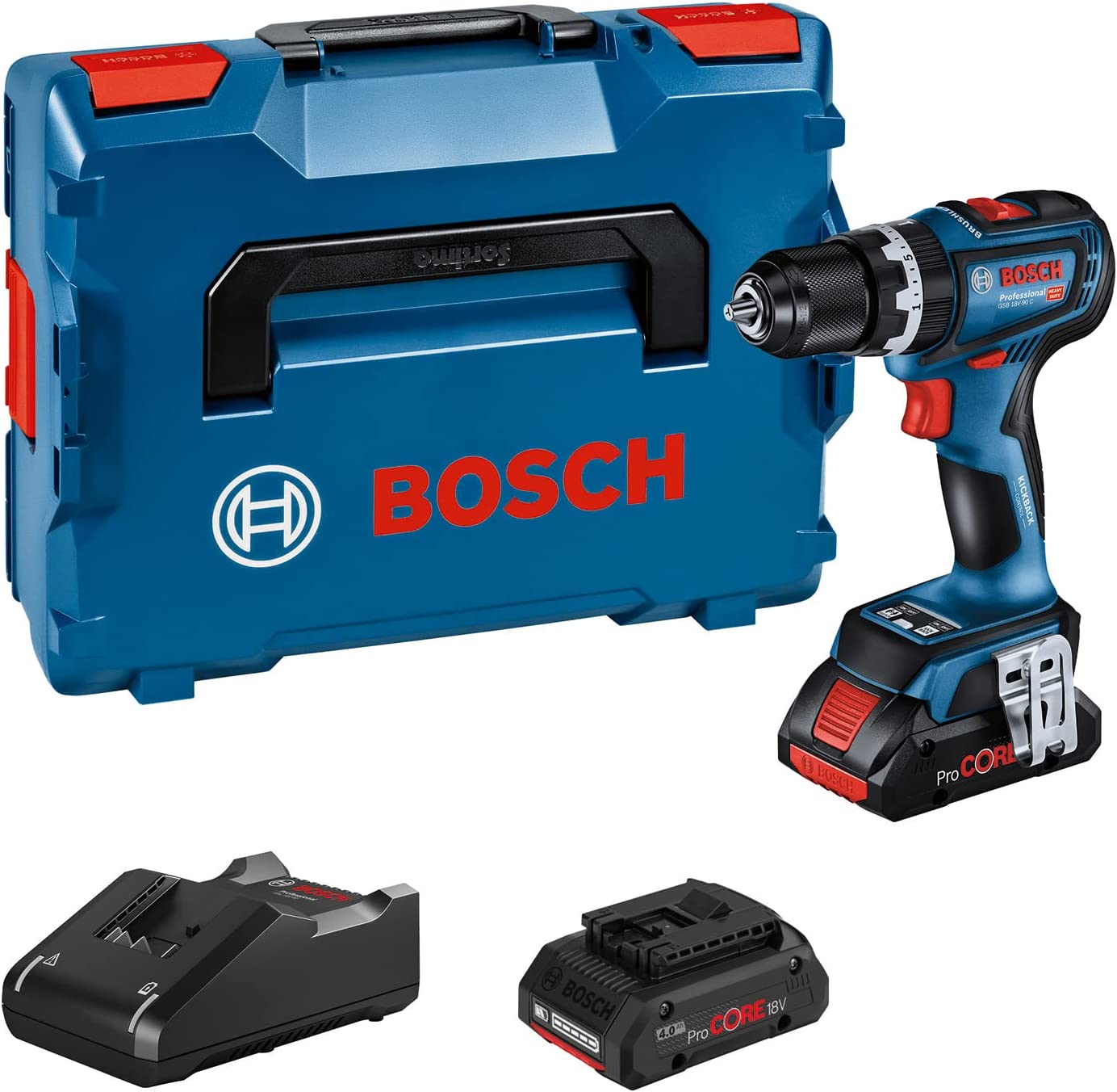 Akumuliatorinis smūginis suktuvas-gręžtuvas BOSCH PRO GSB 18V-90 C (2x Li-Ion ProCORE18V 4.0Ah, L-BOXX)