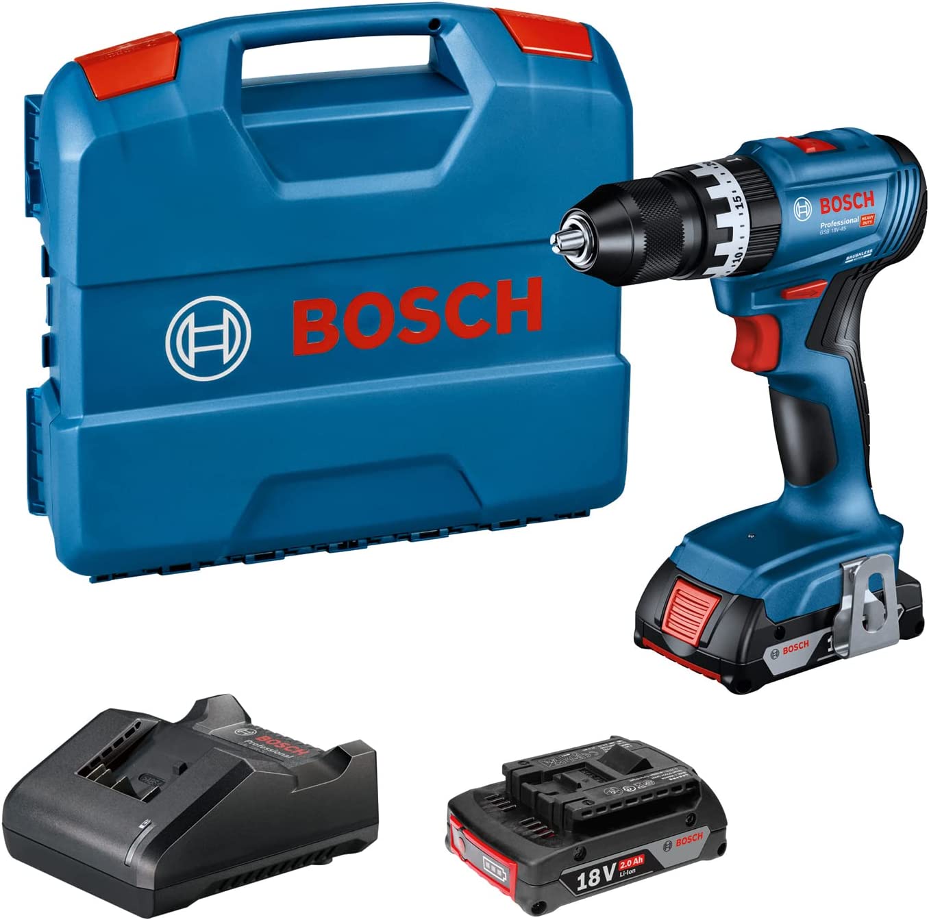 Akumuliatorinis smūginis suktuvas-gręžtuvas BOSCH PRO GSB 18V-45, (2x2.0Ah, L-case)