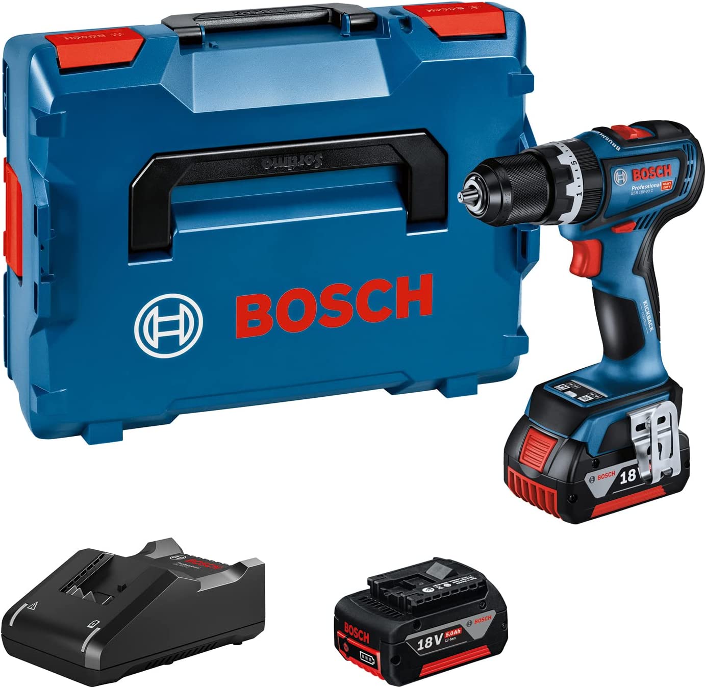 Akumuliatorinis smūginis suktuvas-gręžtuvas BOSCH PRO GSB 18V-90 C (2x Li-Ion 5.0Ah, L-BOXX)