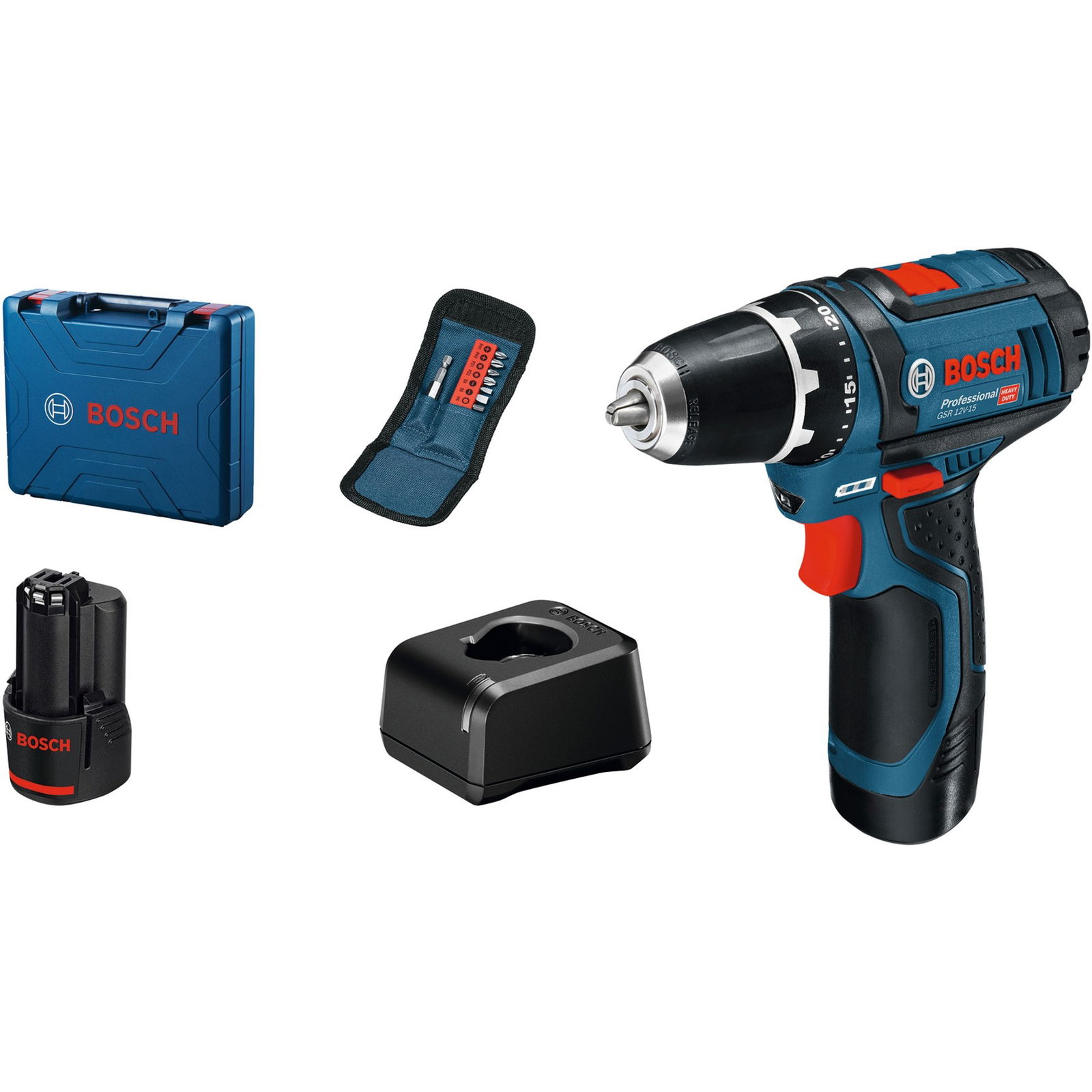 Akumuliatorinis gręžtuvas-suktuvas BOSCH PRO GSR 12V-15 (2x Li-ion 2.0Ah, lagaminas)