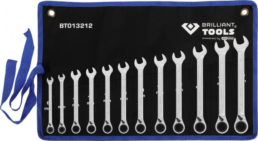 Kombinuotų terkšlinių raktų su reversu komplektas 8-19mm, 12, Brilliant Tools