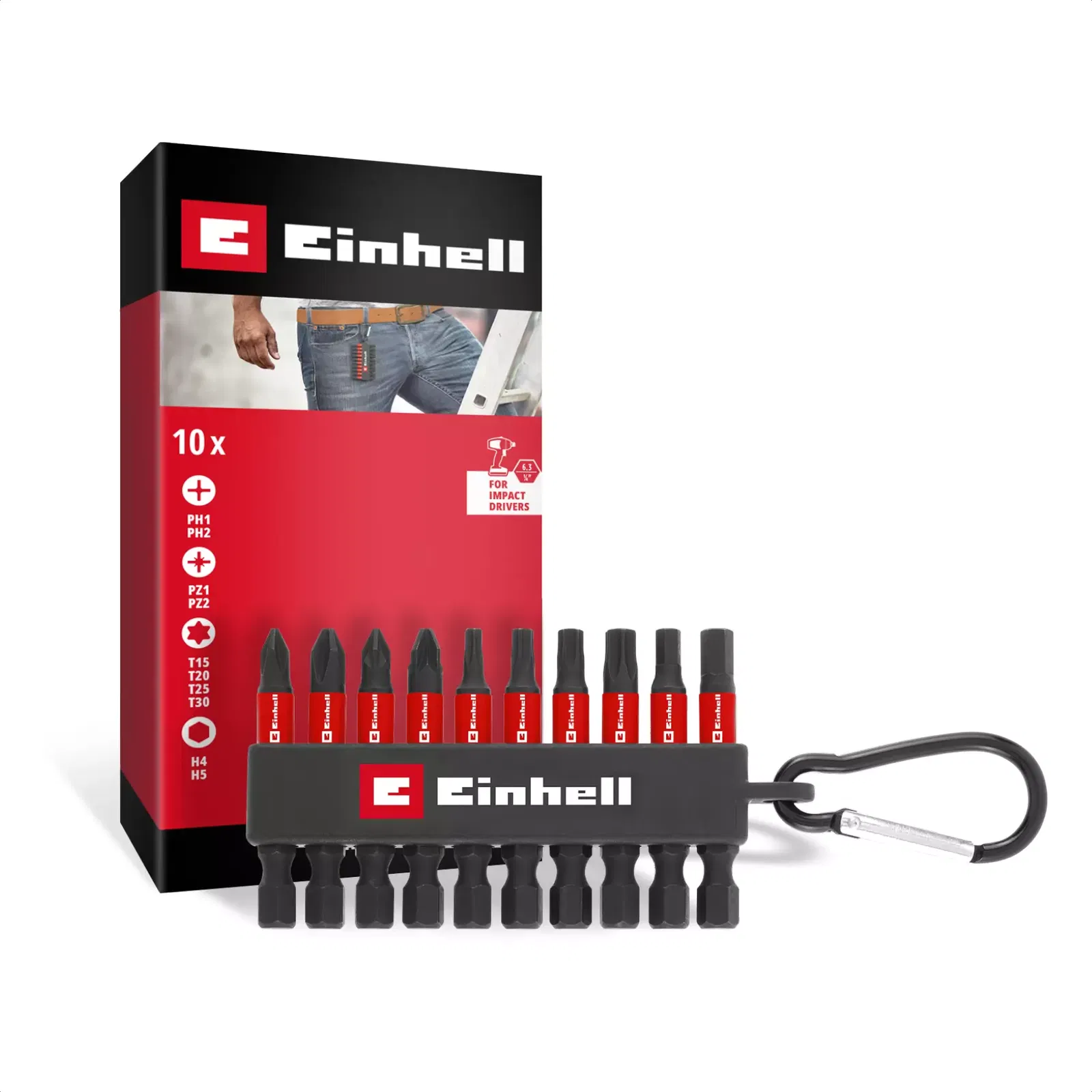 Sukimo antgalių rinkinys EINHELL, PZ1/PZ2/T15/T20/T25/T30/H4/H5, smūginiai, su karabinu, 10 vnt.
