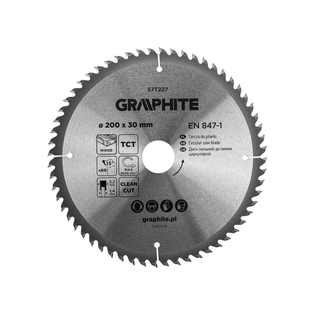 Medžio pjovimo diskas GRAPHITE, 200 x 2,2 x 30 mm, 60 dantų, TCT