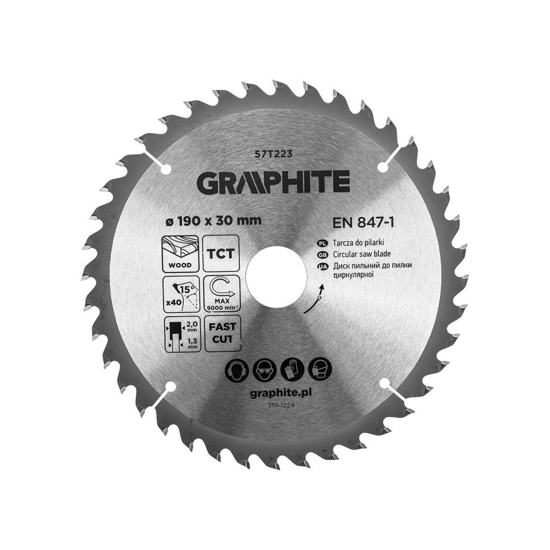Medžio pjovimo diskas GRAPHITE, 190 x 2,0 x 30 mm, 40 dantų, TCT