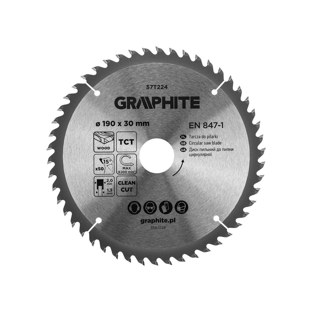 Medžio pjovimo diskas GRAPHITE, 190 x 2,0 x 30 mm, 50 dantų, TCT