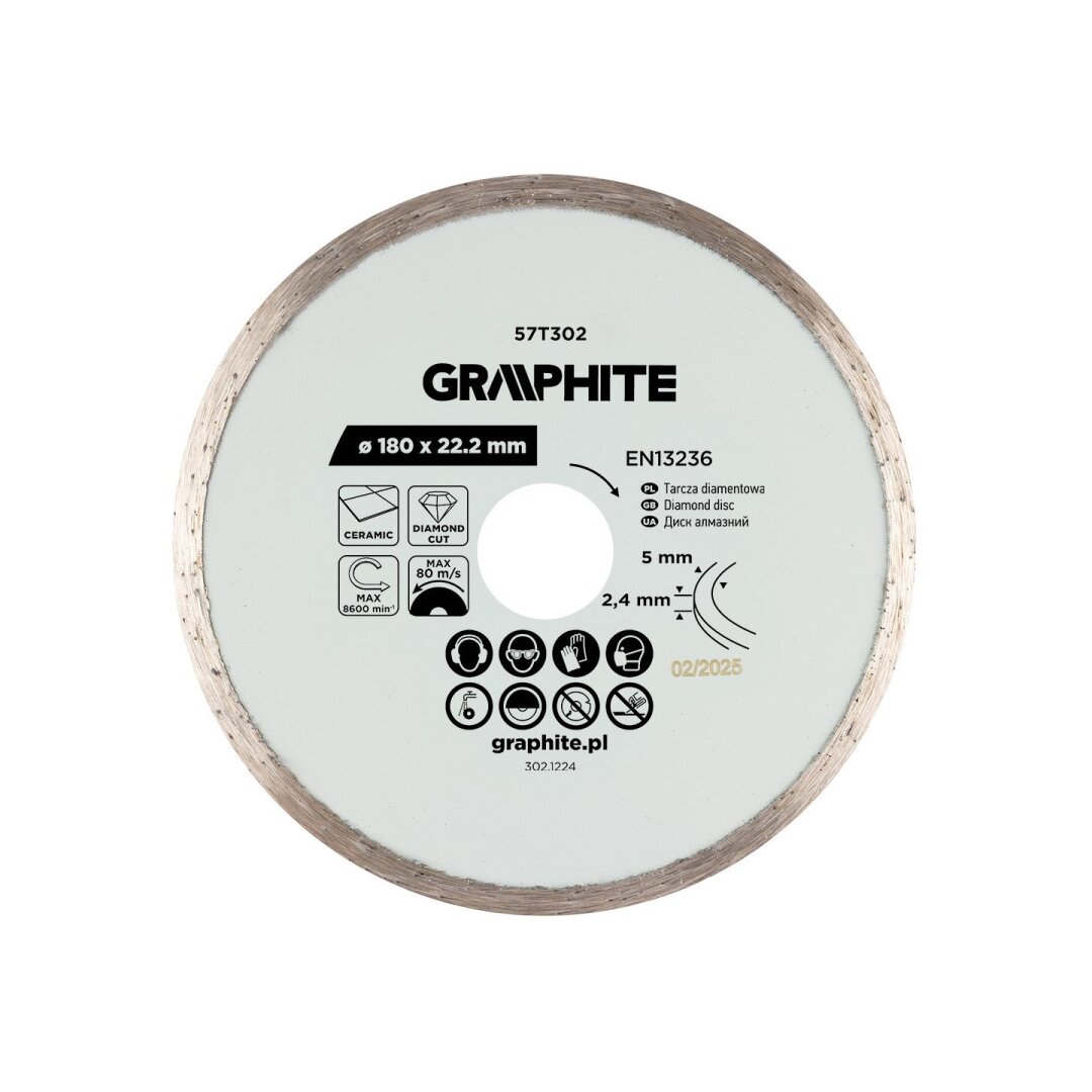 Deimantinis pjovimo diskas GRAPHITE, 180 x 2,4 x 22,2 mm, keramikai, šlapiam pjovimui