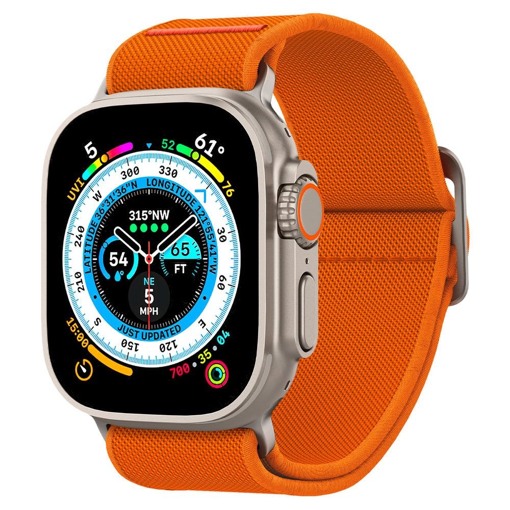 Oranžinės spalvos tekstilinis dirželis "Spigen Fit Lite Ultra" laikrodžiui Apple Watch 4 / 5 / 6 / 7 / 8 / 9 / 10 / SE / ULTRA 1 / 2 (44 / 45 / 46 / 49 MM)