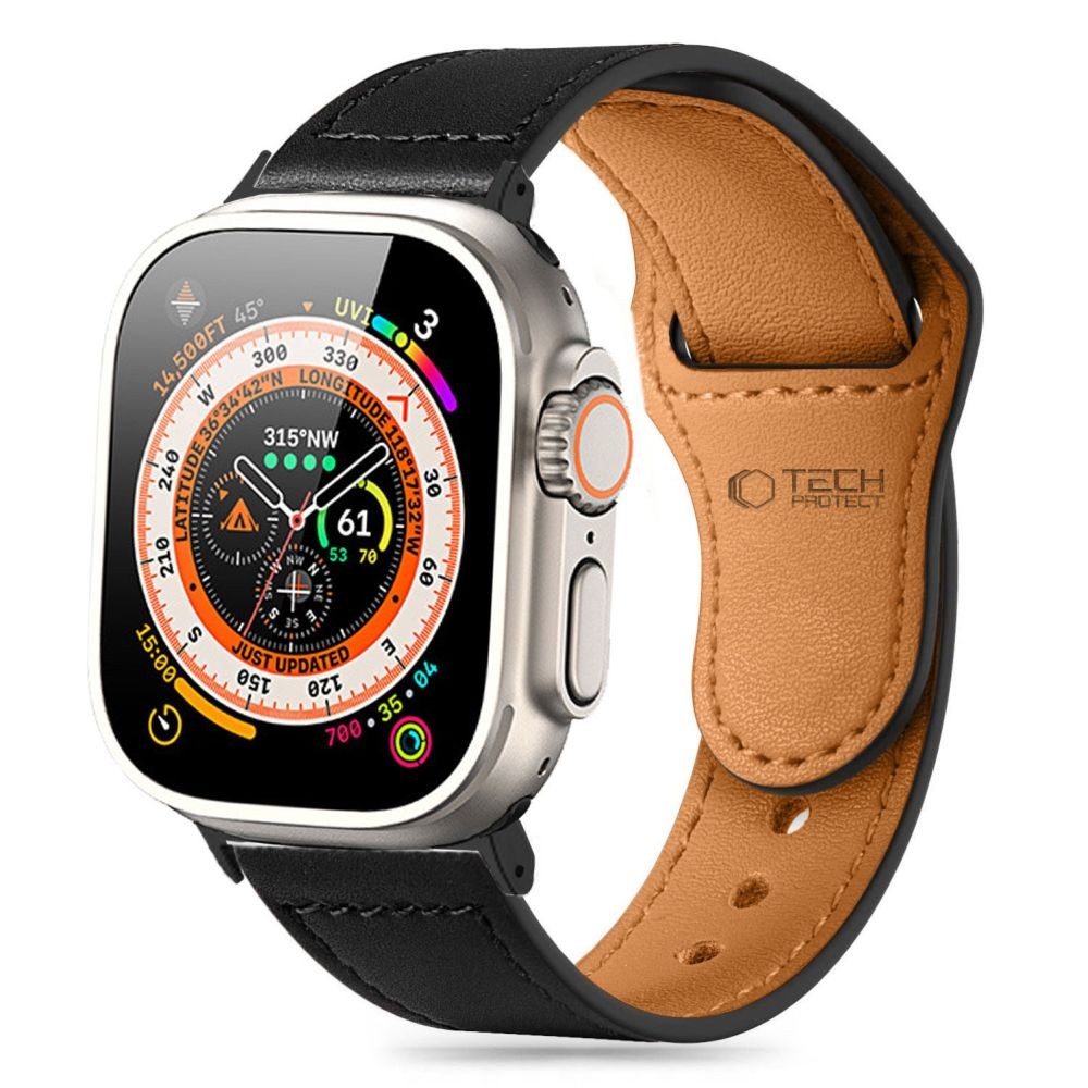 Juoda odinė apyrankė "Tech-Protect Naturalfit" laikrodžiui Apple Watch 4 / 5 / 6 / 7 / 8 / 9 / 10 / SE / ULTRA 1 / 2 (44 / 45 / 46 / 49 MM)