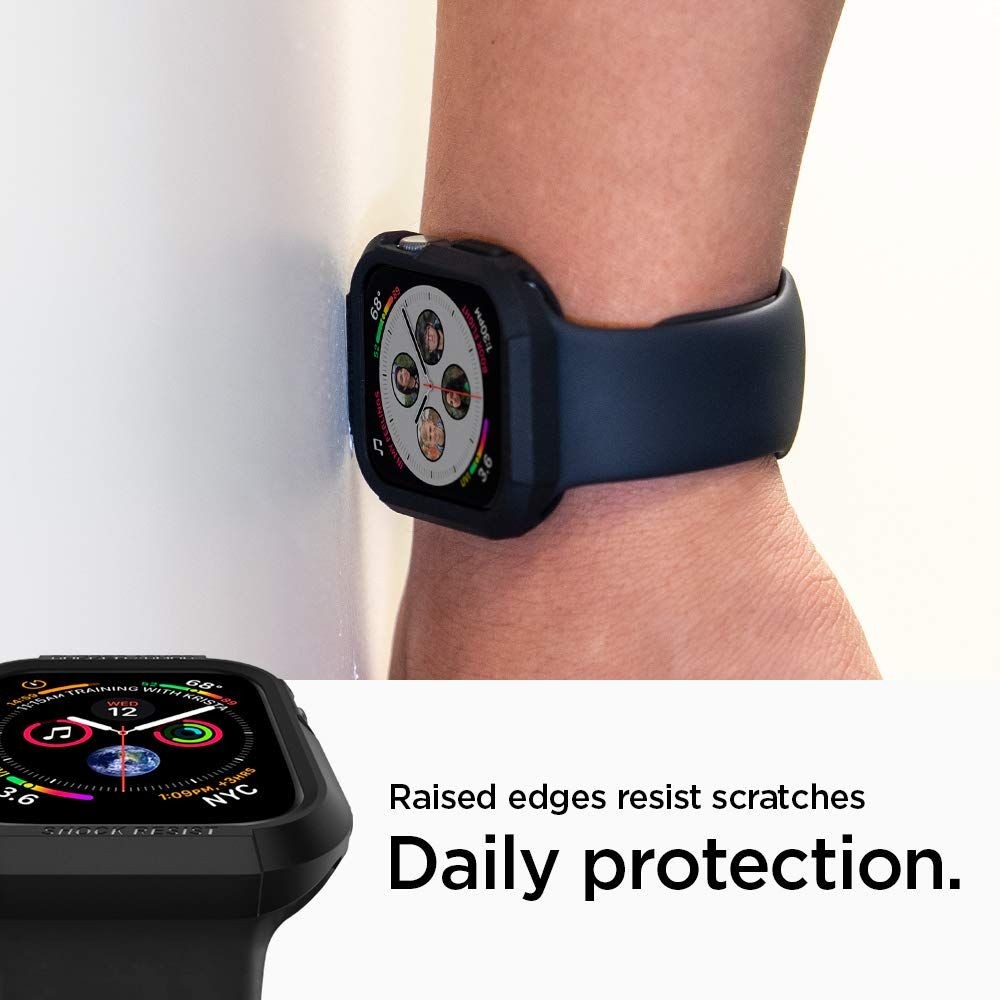 Juodas dėklas Spigen "Rugged Armor" laikrodžiui Apple Watch 4 / 5 / 6 / 7 / 8 / 9 / SE (44 / 45 MM)