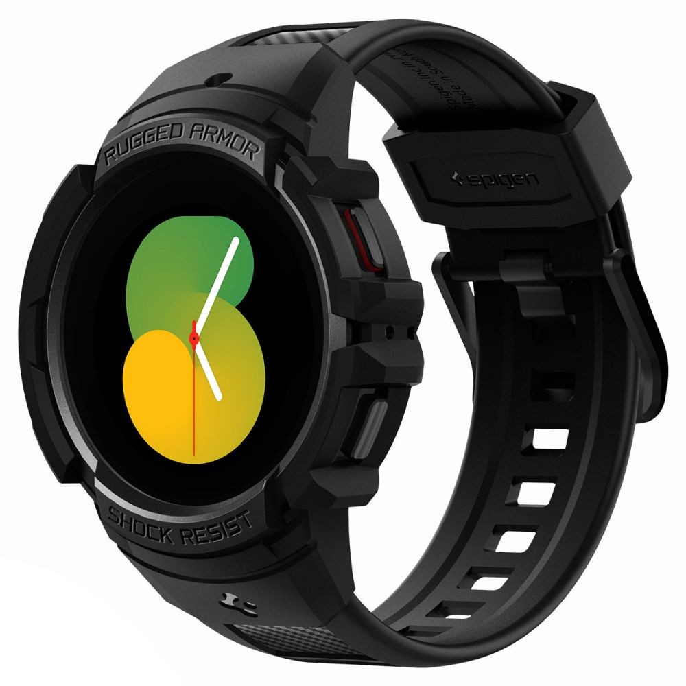 Juodos spalvos sportinio stiliaus apyrankė/dėklas "Spigen Rugged Armor Pro" laikrodžiui Galaxy Watch 4 / 5 (44 MM)