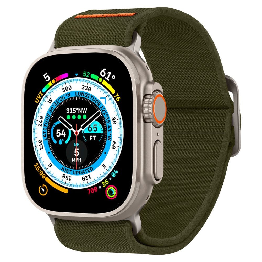 Khaki spalvos tekstilinis dirželis "Spigen Fit Lite Ultra" laikrodžiui Apple Watch 4 / 5 / 6 / 7 / 8 / 9 / 10 / SE / ULTRA 1 / 2 (44 / 45 / 46 / 49 MM)