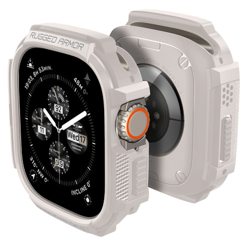 Smėlio spalvos sportinio stiliaus dėklas "Spigen Rugged Armor" laikrodžiui Apple Watch Ultra 1 / 2 (49 MM)