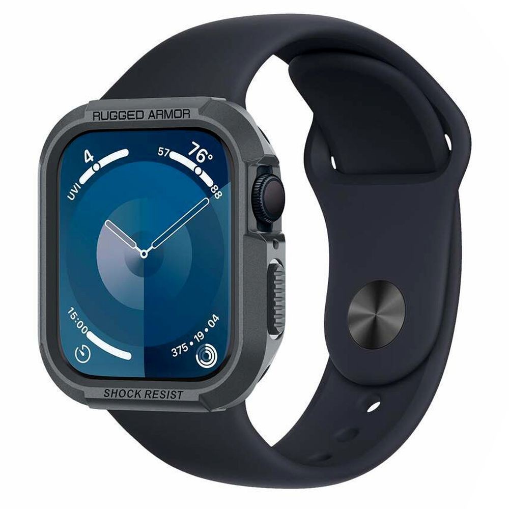 Tamsiai pilkas dėklas "Spigen Rugged Armor" laikrodžiui Apple Watch 4 / 5 / 6 / 7 / 8 / 9 / SE (44 / 45 MM)