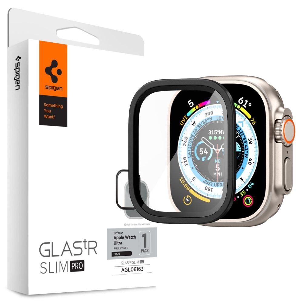 Apsauginis grūdintas stiklas juodais kraštais "Spigen Glas.Tr Slim Pro" laikrodžiui Apple Watch Ultra (49 MM)