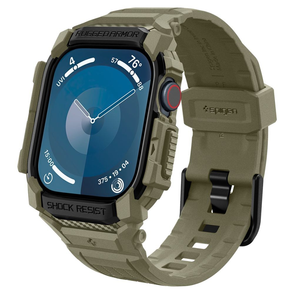 Khaki spalvos sportinio stiliaus apyrankė/dėklas "Spigen Rugged Armor Pro" laikrodžiui Apple Watch 10 (46 MM)