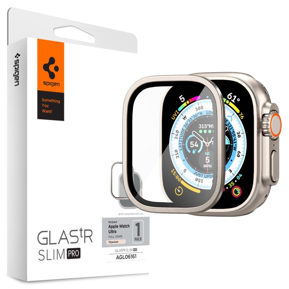 Apsauginis grūdintas stiklas titanium kraštais "Spigen Glas.Tr Slim Pro" laikrodžiui Apple Watch Ultra (49 MM)