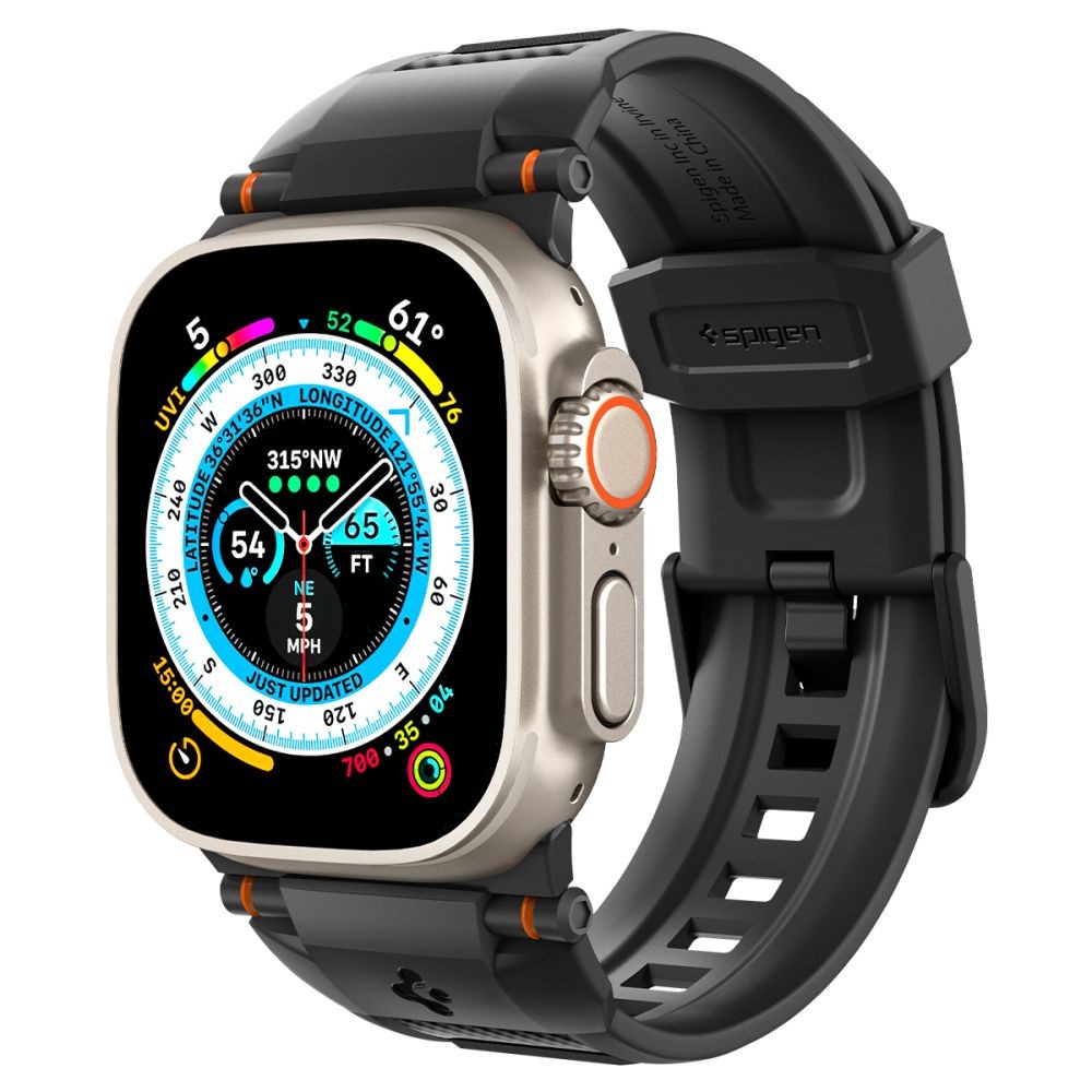 Juoda sportinio stiliaus apyrankė "Spigen Rugged Ultra Band" laikrodžiui Apple Watch 4 / 5 / 6 / 7 / 8 / 9 / SE / ULTRA 1 / 2 (42 / 44 / 45 / 49 MM)