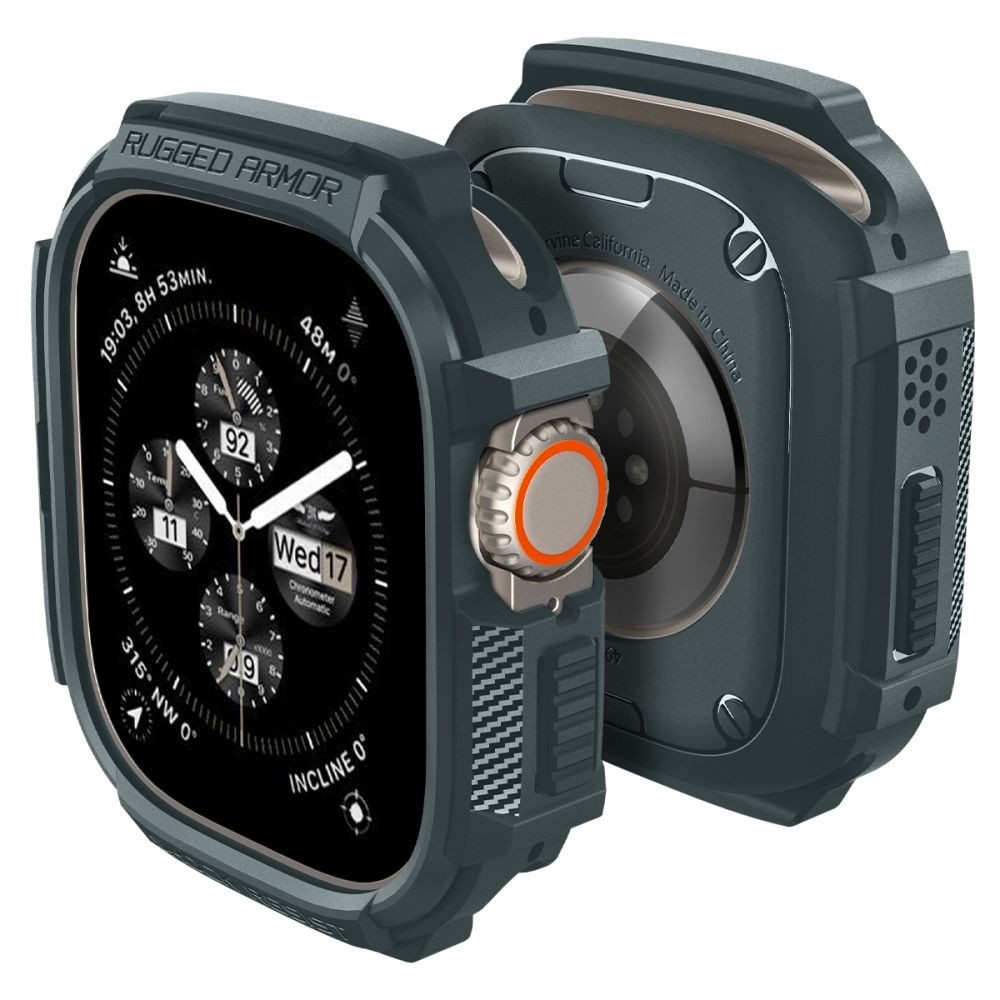 Tamsiai žalias sportinio stiliaus dėklas "Spigen Rugged Armor" laikrodžiui Apple Watch Ultra 1 / 2 (49 MM)