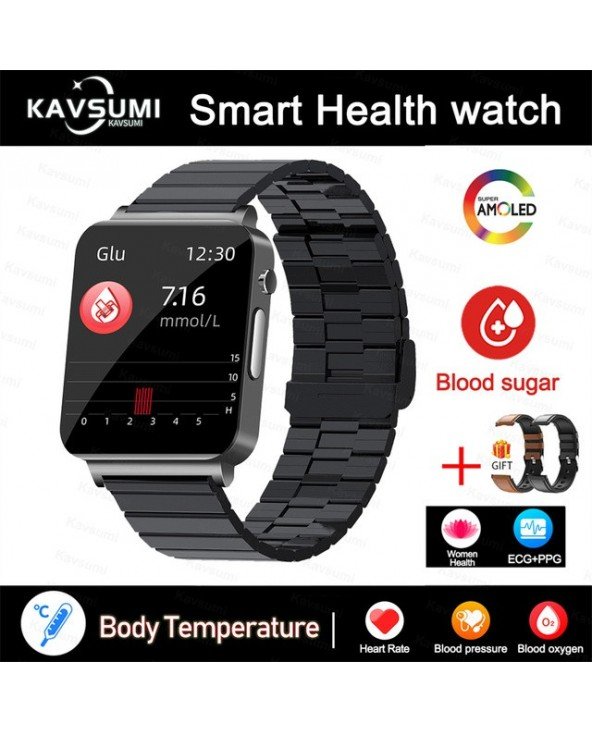 Naujas kraujo gliukozės matuoklis Smart Watch EKG širdies ritmas Kraujospūdis Temperatūra Sveikatos seklys