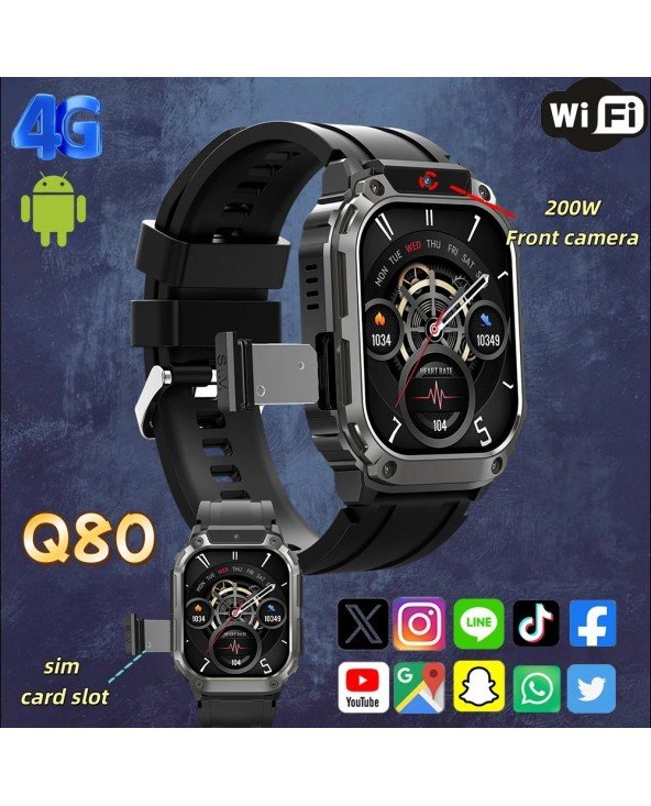 NAUJAS Q80 išmanusis laikrodis 4G SIM kortelė 1.96 colio AMOLED ekranas GPS WIFI priekinė 200W kamera vaizdo skambučiai