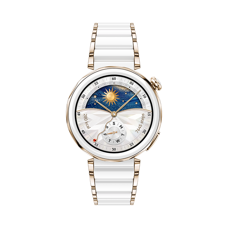 Išmanusis laikrodis Huawei Watch GT 5 Pro, nanokristalinė keramika, 42 mm, atsparus dulkėms, atsparus vandeniui, atsparus korozijai, auksinis, baltas.