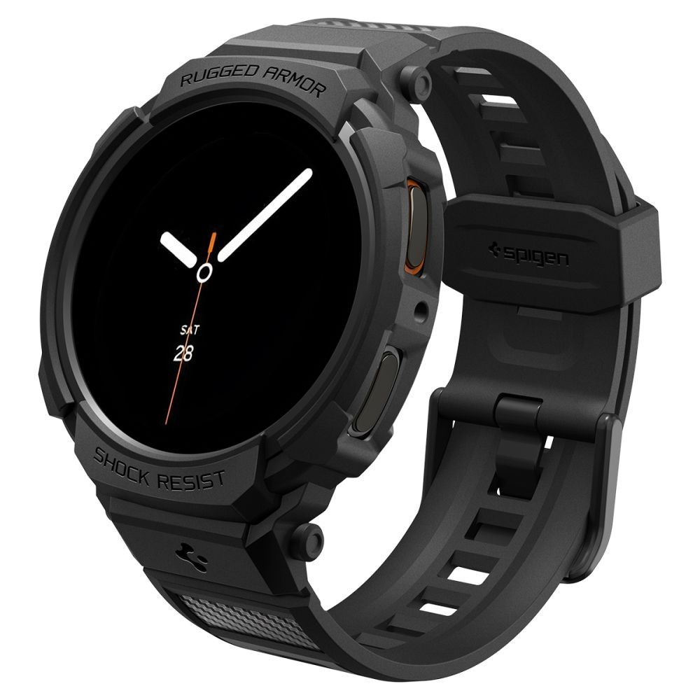 Juoda sportinio stiliaus apyrankė/dėklas "Spigen Rugged Armor Pro" laikrodžiui Samsung Galaxy Watch 8 (44 MM)