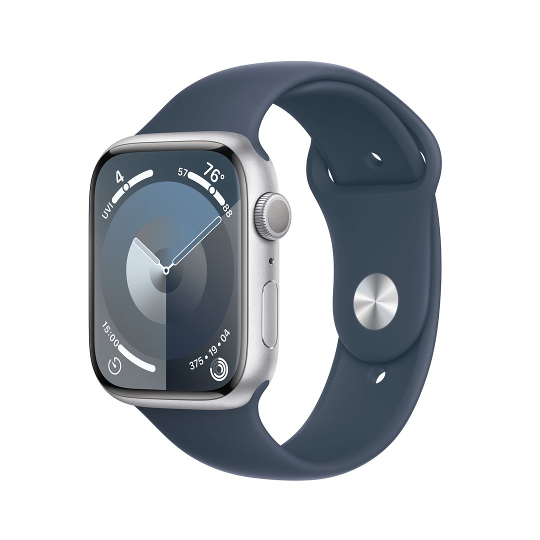 Išmanusis laikrodis APPLE Watch 9 GPS 45mm Silver Aluminium Case with Storm Blue Sport Band - M/L