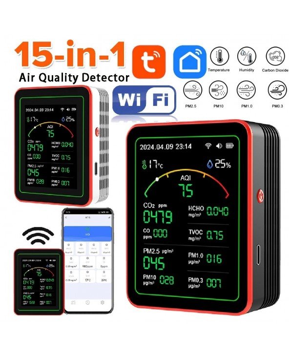 Tuya WiFi 15 in 1 oro kokybės detektorius TFT ekranas nešiojamas AQI PM0.3 PM1.0 PM2.5 PM10 CO CO2 TVOC HCHC testeris APP