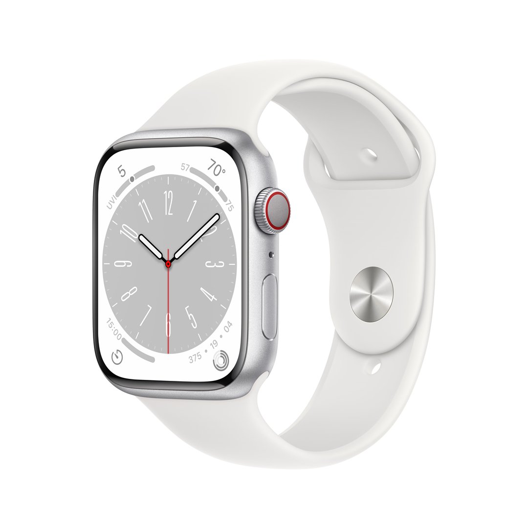 Išmanusis laikrodis APPLE Watch 8 GPS+Cell 45mm Silver Stainless Steel Case with White Sport Band