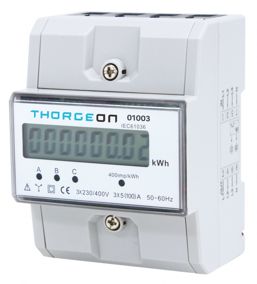 Elektros energijos matuoklis, 3 fazių, DIN, 100A, THORGEON