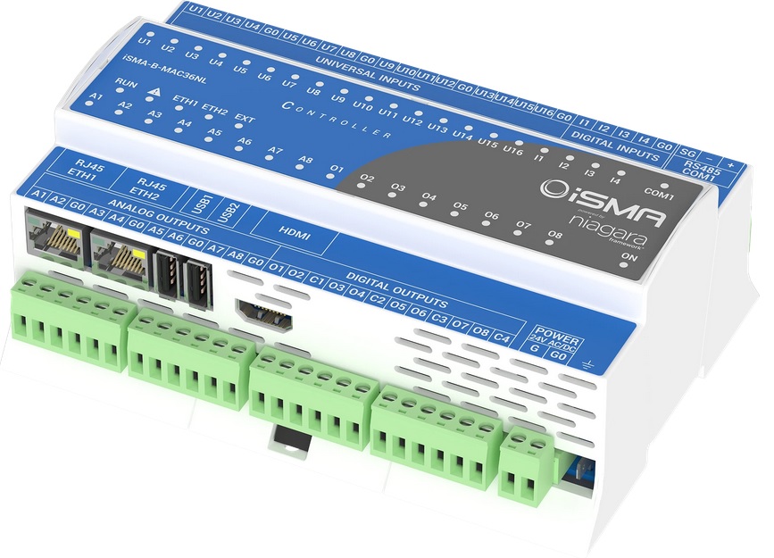 Niagara hibridinis valdiklis iSMA-B-MAC36NL, 16UI, 4DI, 8DO, 8AO, 1xRS485, 2xETH, 2xUSB, 1xHDMI, 1xSD lizdas