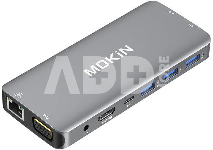 MOKiN 10 in 1 Adapter Hub USB-C to 3x USB 3.0 + USB-C charging + HDMI + 3.5mm audio + VGA + 2x RJ45 + Micro SD Reader (silver)