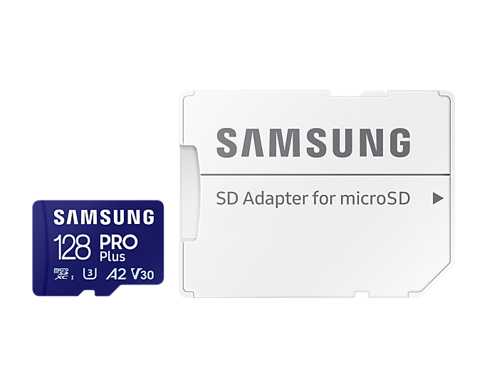 Samsung | MicroSD Card with SD Adapter | PRO Plus | 128 GB | microSDXC Memory Card | Flash memory class U3, V30, A2 | SD adapter