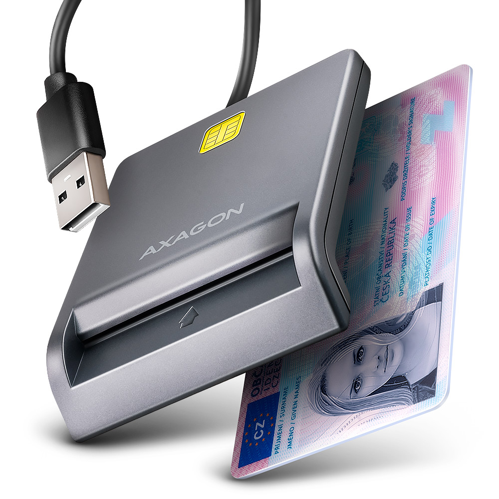 Kortelių skaitytuvas AXAGON CRE-SM3T, kompaktiškas stalinio tipo USB kontaktinis Smart/ID kortelių skaitytuvas su ilgu USB-A kabeliu, USB 2.0/USB 1.1