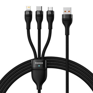 3v1 USB kabelis "Baseus Flash II" serijos, USB-C + "micro USB" + "Lightning", 66 W, 1,2 m (juodas)