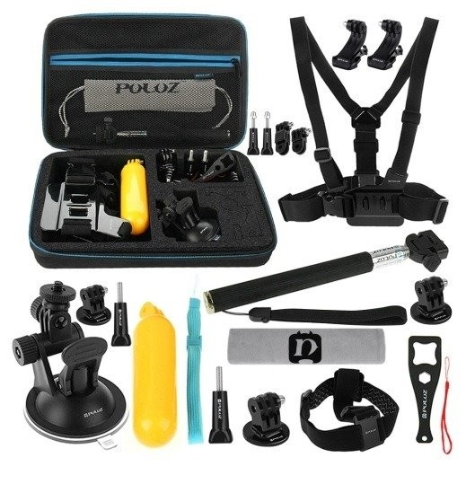 "Puluz 20 in 1" priedų rinkiniai "Ultimate Combo Kits", skirti sportiniams fotoaparatams PKT11