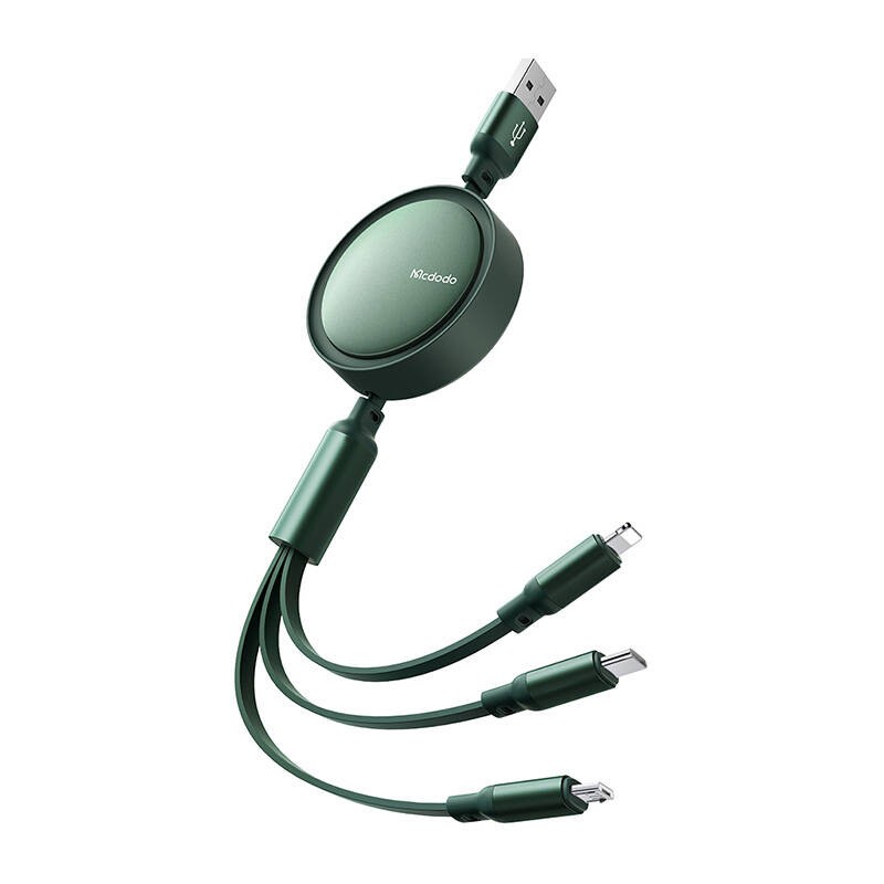 "3in1" USB į USB-C - "Lightning" - "Micro USB" kabelis, "Mcdodo CA-7257", 3,5 A, 1,2 m (žalias)