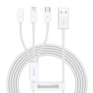 USB kabelis 3in1 "Baseus Superior" serijos, USB į micro USB / USB-C / "Lightning", 3,5 A, 1,2 m (baltas)