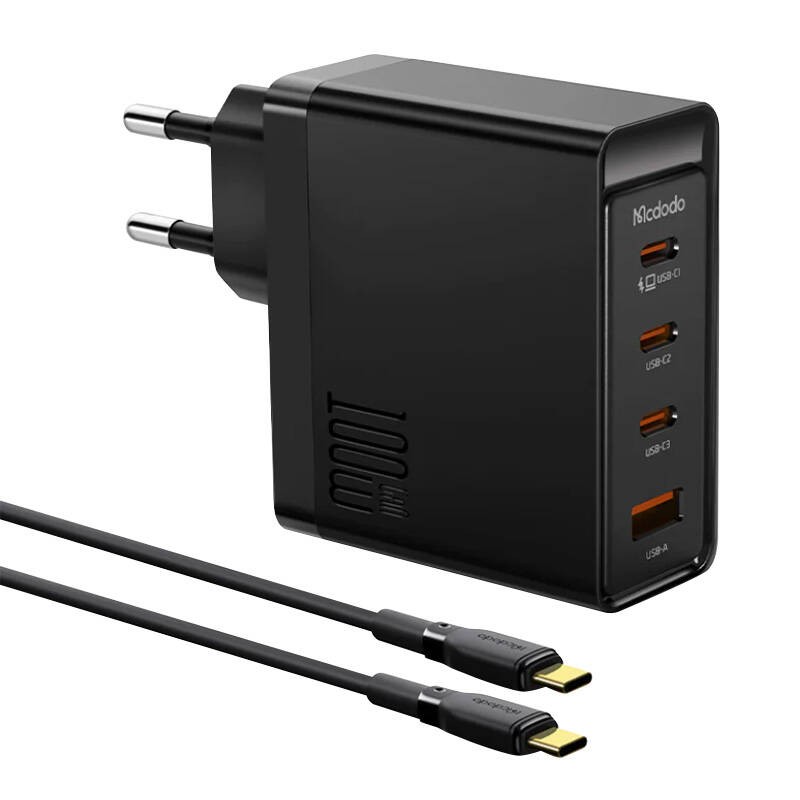 Sieninis įkroviklis McDodo GAN 3xUSB-C + USB, 100 W + 2 m laidas (juodas)