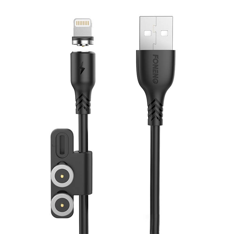 "Foneng X62" magnetinis 3v1 USB ir USB-C / "Lightning" / "Micro USB" kabelis, 2,4 A, 1 m (juodas)