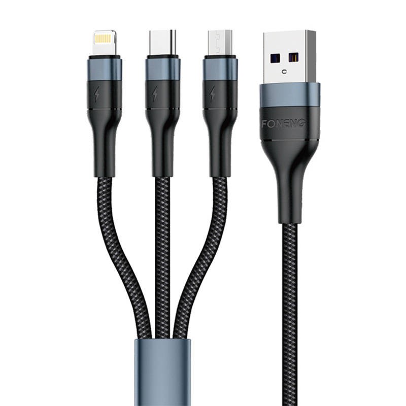 "Foneng X51 3in1" USB ir USB-C / "Micro USB" / "Lightning" kabelis, 3A, 1 m (juodas)