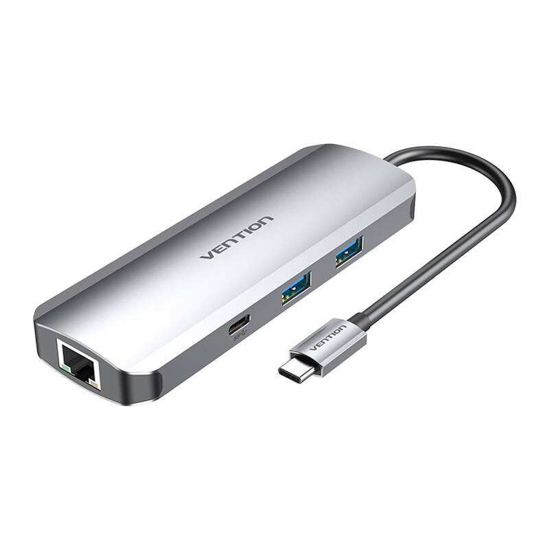 USB-C prijungimo stotelė su HDMI, USB-C, 2x USB3.0, RJ45, SD, TF, TRRS 3,5 mm, PD 0,15 m Vention TOMHB (pilka)