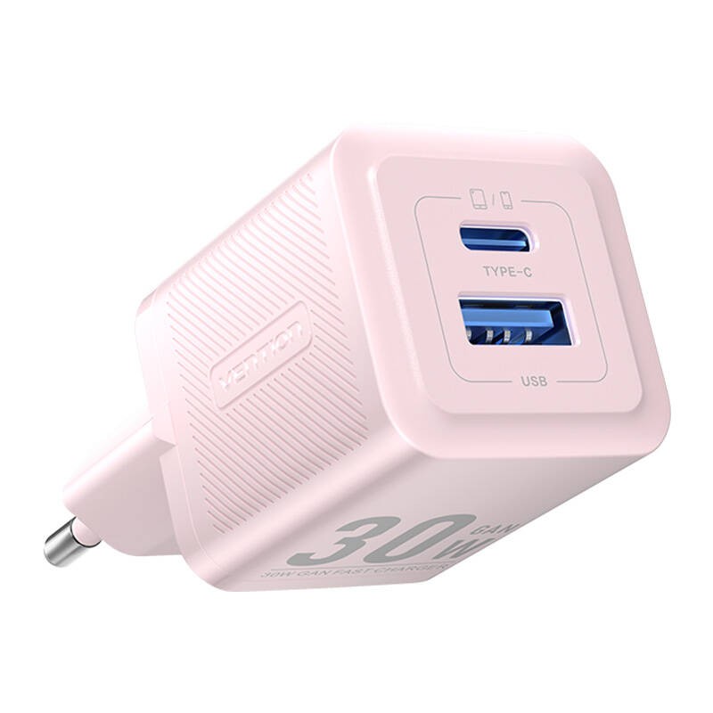 Sieninis įkroviklis, "Vention", FEQP0-EU, USB-C + USB- A, 30W-30W, GaN (rožinis)