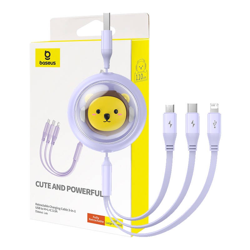 Įkrovimo kabelis 3w1 Baseus USB į USB-C, USB-M, Lightning 3,5A, 1,1 m (violetinis)