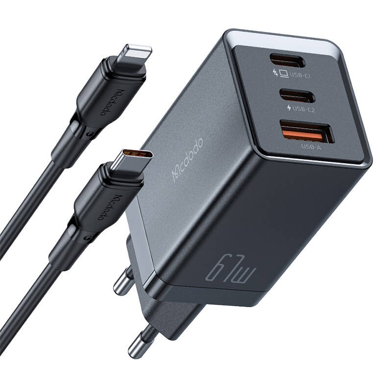 "Mcdodo CH-1544 GaN" sieninis įkroviklis, 2x USB-C, 1x USB, 67 W + USB-C į USB-C kabelis (juodas)